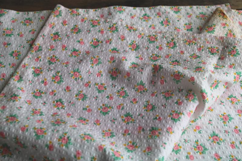 photo of soft vintage cotton plisse crinkle texture fabric, girly floral print in pink & yellow #5