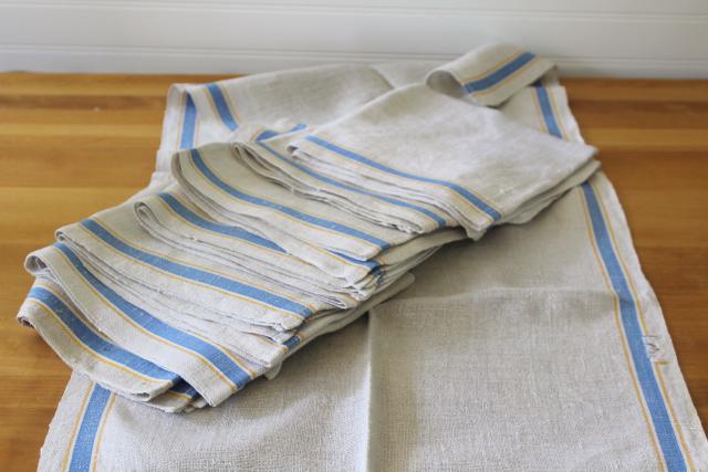 photo of soft washed linen towels, vintage kitchen dish drying towels blue stripe #1