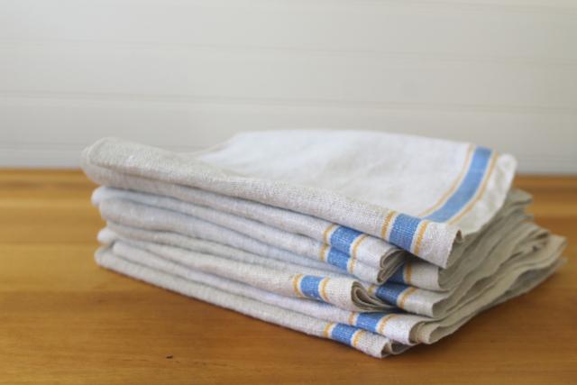 photo of soft washed linen towels, vintage kitchen dish drying towels blue stripe #5