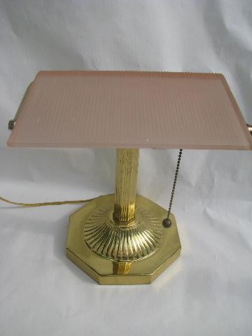 photo of solid brass banker's light desk lamp, frosted pink glass shade #1