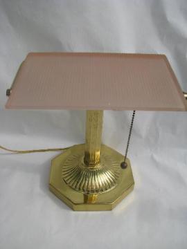 catalog photo of solid brass banker's light desk lamp, frosted pink glass shade