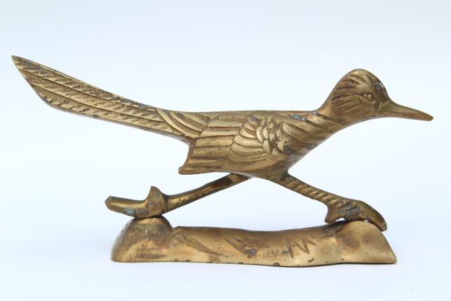 photo of solid brass birds, pair of roadrunners, vintage southwest decor, retro brass animal figurines #5