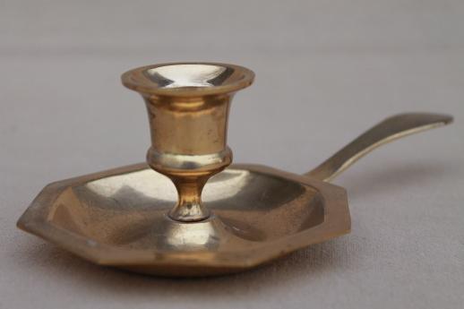 photo of solid brass candle holders, collection of vintage chamber candlesticks w/ handles #3