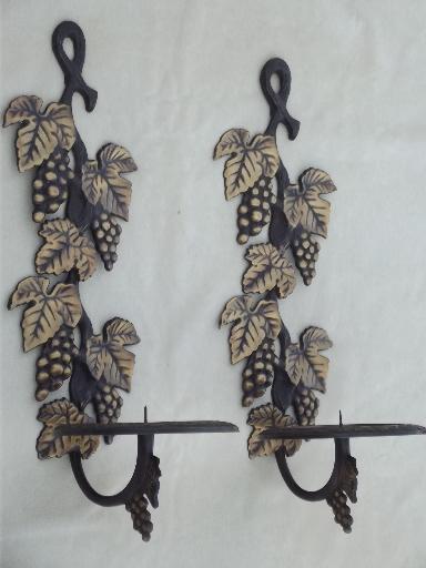 photo of solid brass candle sconces pair, antique bronze grapes candle holders #1