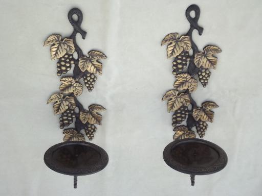 photo of solid brass candle sconces pair, antique bronze grapes candle holders #3