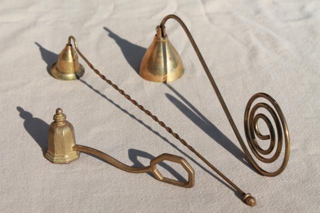 photo of solid brass candle snuffers, vintage brassware instant collection #7