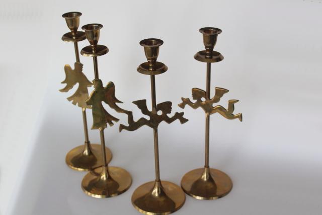 photo of solid brass candlesticks w/ Christmas angels, millennial vintage holiday decor #5