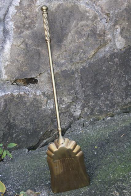 photo of solid brass coal scoop or stove shovel, vintage fireplace hearth tool #2