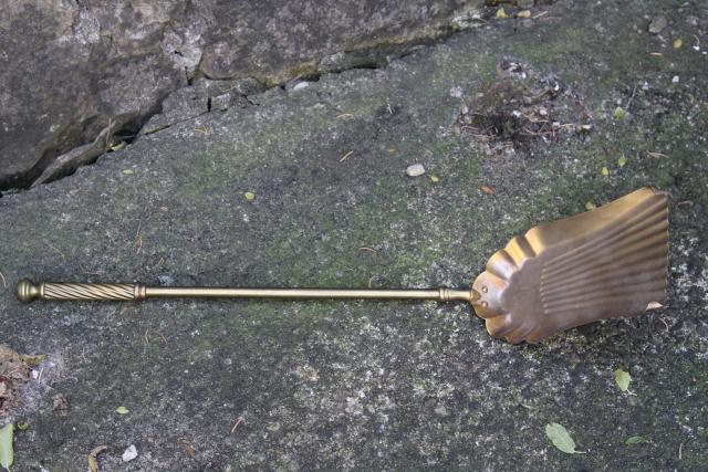 photo of solid brass coal scoop or stove shovel, vintage fireplace hearth tool #4