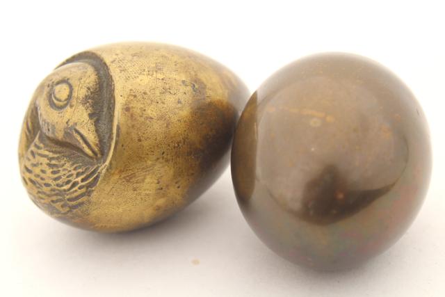 photo of solid brass eggs, egg w/ hatching chick inside, tarnished brass egg made in England #1