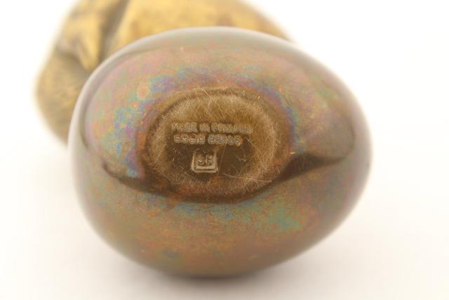 photo of solid brass eggs, egg w/ hatching chick inside, tarnished brass egg made in England #2