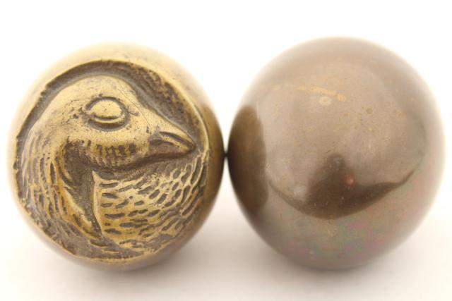 photo of solid brass eggs, egg w/ hatching chick inside, tarnished brass egg made in England #3