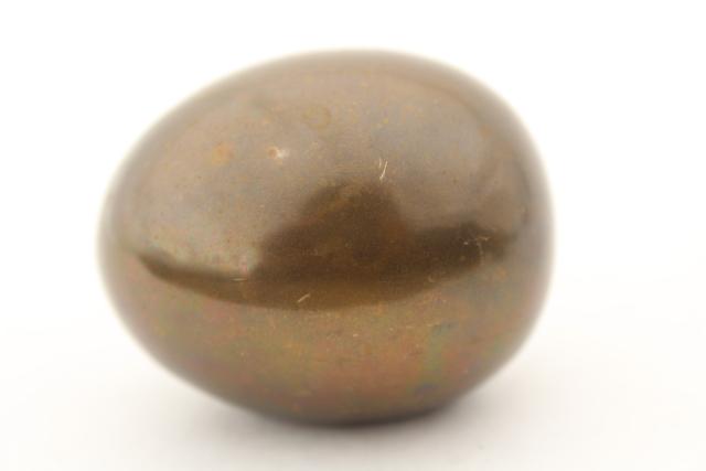 photo of solid brass eggs, egg w/ hatching chick inside, tarnished brass egg made in England #7