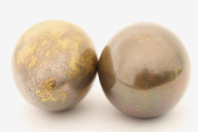 solid brass eggs, egg w/ hatching chick inside, tarnished brass egg ...