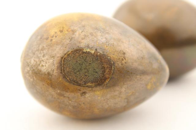 photo of solid brass eggs, egg w/ hatching chick inside, tarnished brass egg made in England #10