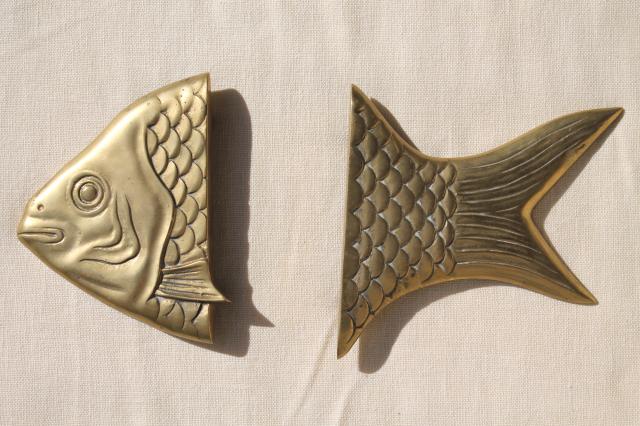 photo of solid brass fish head & tail, sign board bracket ends or tray handles, decorative brass hardware #1