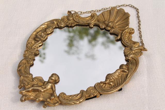 photo of solid brass frame w/ hanging chain, hollywood regency french country rococo style w/ cherubs #5