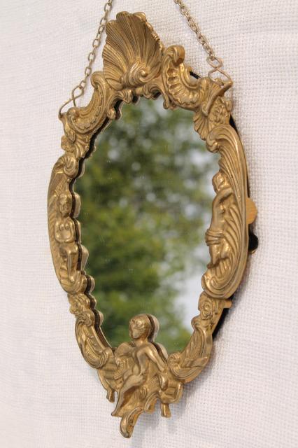 photo of solid brass frame w/ hanging chain, hollywood regency french country rococo style w/ cherubs #8