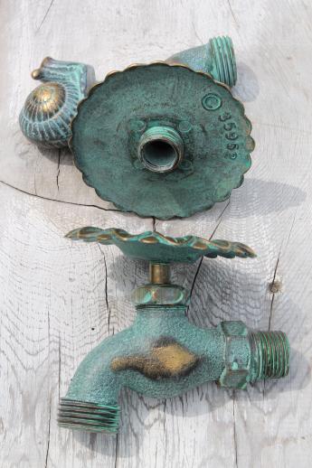 photo of solid brass garden hose faucet taps, verdigris bronze snail & flower tap #3