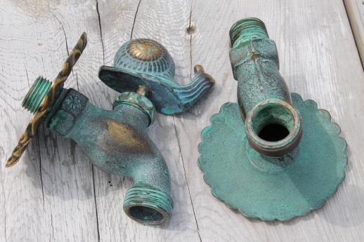 photo of solid brass garden hose faucet taps, verdigris bronze snail & flower tap #4