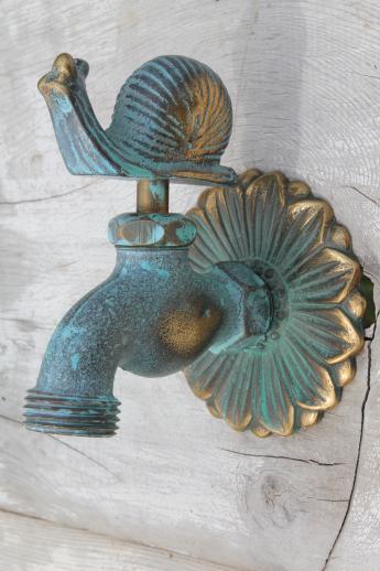 photo of solid brass garden hose faucet taps, verdigris bronze snail & flower tap #6