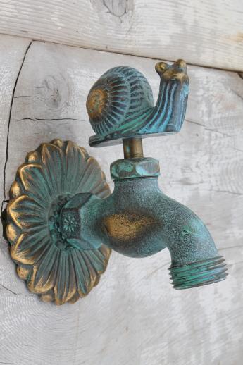 photo of solid brass garden hose faucet taps, verdigris bronze snail & flower tap #7