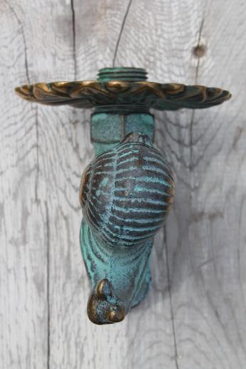 photo of solid brass garden hose faucet taps, verdigris bronze snail & flower tap #8