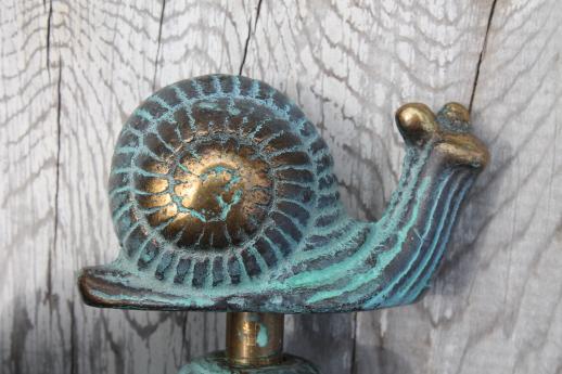 photo of solid brass garden hose faucet taps, verdigris bronze snail & flower tap #9