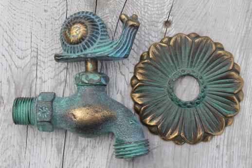 photo of solid brass garden hose faucet taps, verdigris bronze snail & flower tap #10