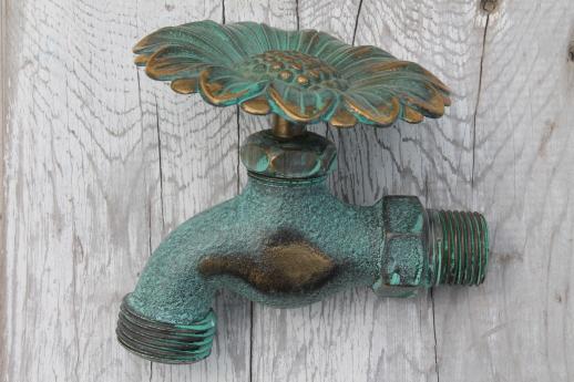 photo of solid brass garden hose faucet taps, verdigris bronze snail & flower tap #11