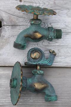 catalog photo of solid brass garden hose faucet taps, verdigris bronze snail & flower tap