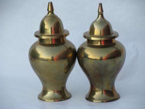 photo of solid brass ginger jars, vintage India brassware, domed lid canisters #1