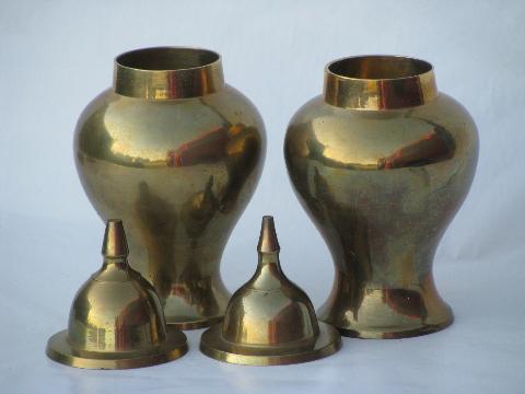 photo of solid brass ginger jars, vintage India brassware, domed lid canisters #2