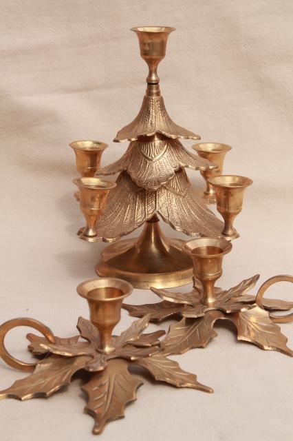 photo of solid brass holiday candle holders, Christmas tree & pair of holly leaf candlesticks #1