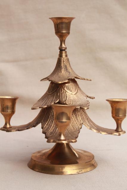 photo of solid brass holiday candle holders, Christmas tree & pair of holly leaf candlesticks #3