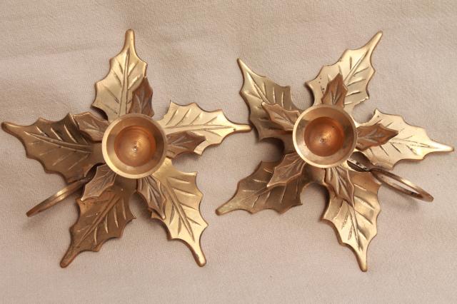 photo of solid brass holiday candle holders, Christmas tree & pair of holly leaf candlesticks #6