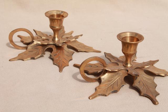 photo of solid brass holiday candle holders, Christmas tree & pair of holly leaf candlesticks #7