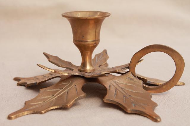 photo of solid brass holiday candle holders, Christmas tree & pair of holly leaf candlesticks #8