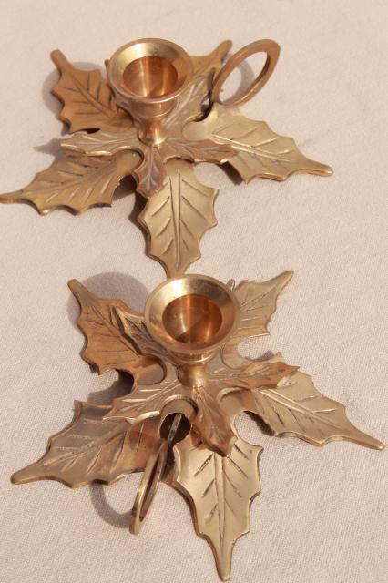 photo of solid brass holiday candle holders, Christmas tree & pair of holly leaf candlesticks #10