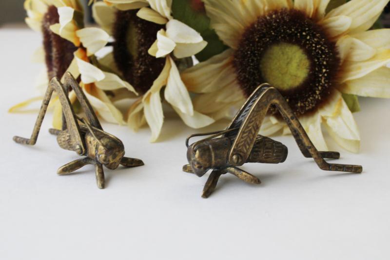 photo of solid brass lucky crickets or grasshoppers, tarnished vintage brass figurines #1