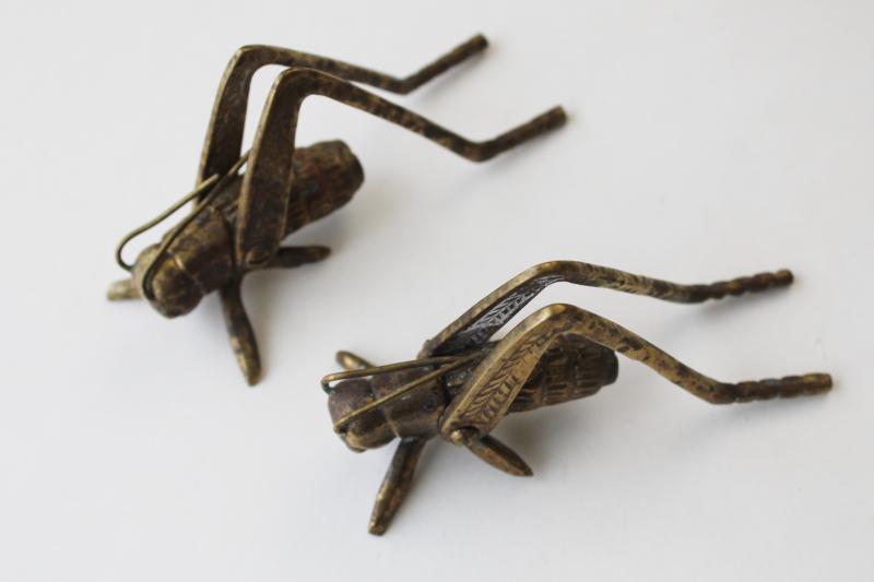 photo of solid brass lucky crickets or grasshoppers, tarnished vintage brass figurines #2