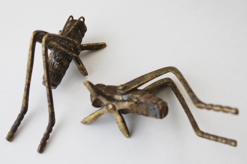 photo of solid brass lucky crickets or grasshoppers, tarnished vintage brass figurines #4