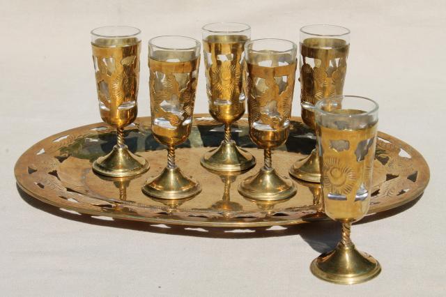 photo of solid brass overlay tiny goblets w/ serving tray, vintage set sherry wine cordial glasses #1