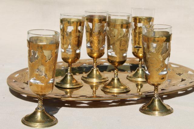 photo of solid brass overlay tiny goblets w/ serving tray, vintage set sherry wine cordial glasses #4