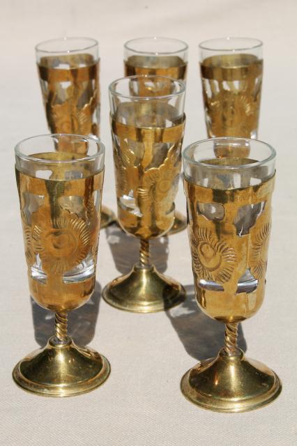 photo of solid brass overlay tiny goblets w/ serving tray, vintage set sherry wine cordial glasses #5