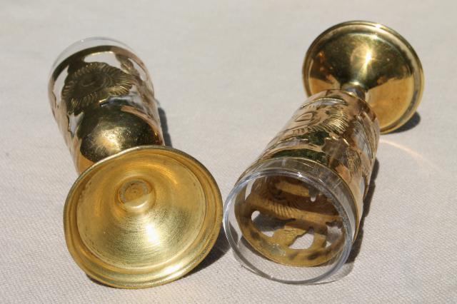 photo of solid brass overlay tiny goblets w/ serving tray, vintage set sherry wine cordial glasses #8