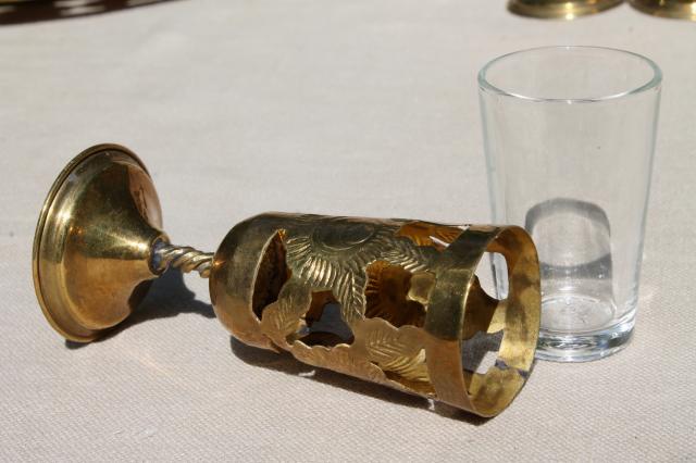 photo of solid brass overlay tiny goblets w/ serving tray, vintage set sherry wine cordial glasses #9