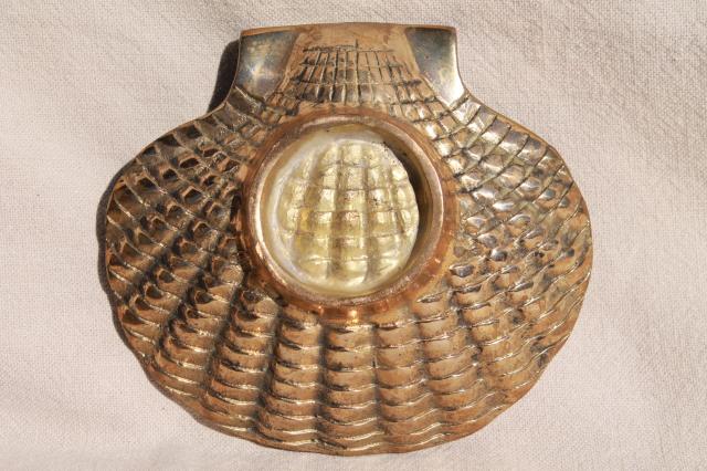 photo of solid brass seashell, vintage scallop shell shaped ashtray or trinket dish catchall #3