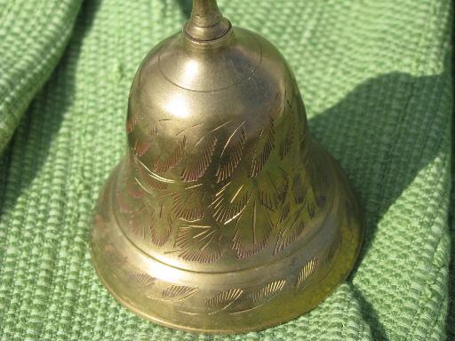 photo of solid brass table service bell, chased leaf etched design, vintage India #2