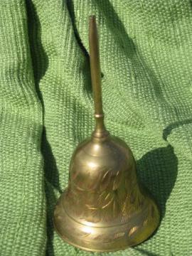 catalog photo of solid brass table service bell, chased leaf etched design, vintage India